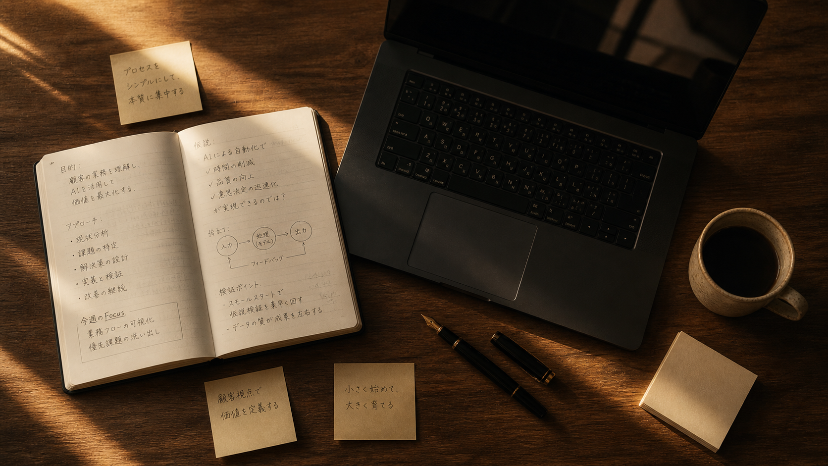 俯瞰デスクとメモ帳